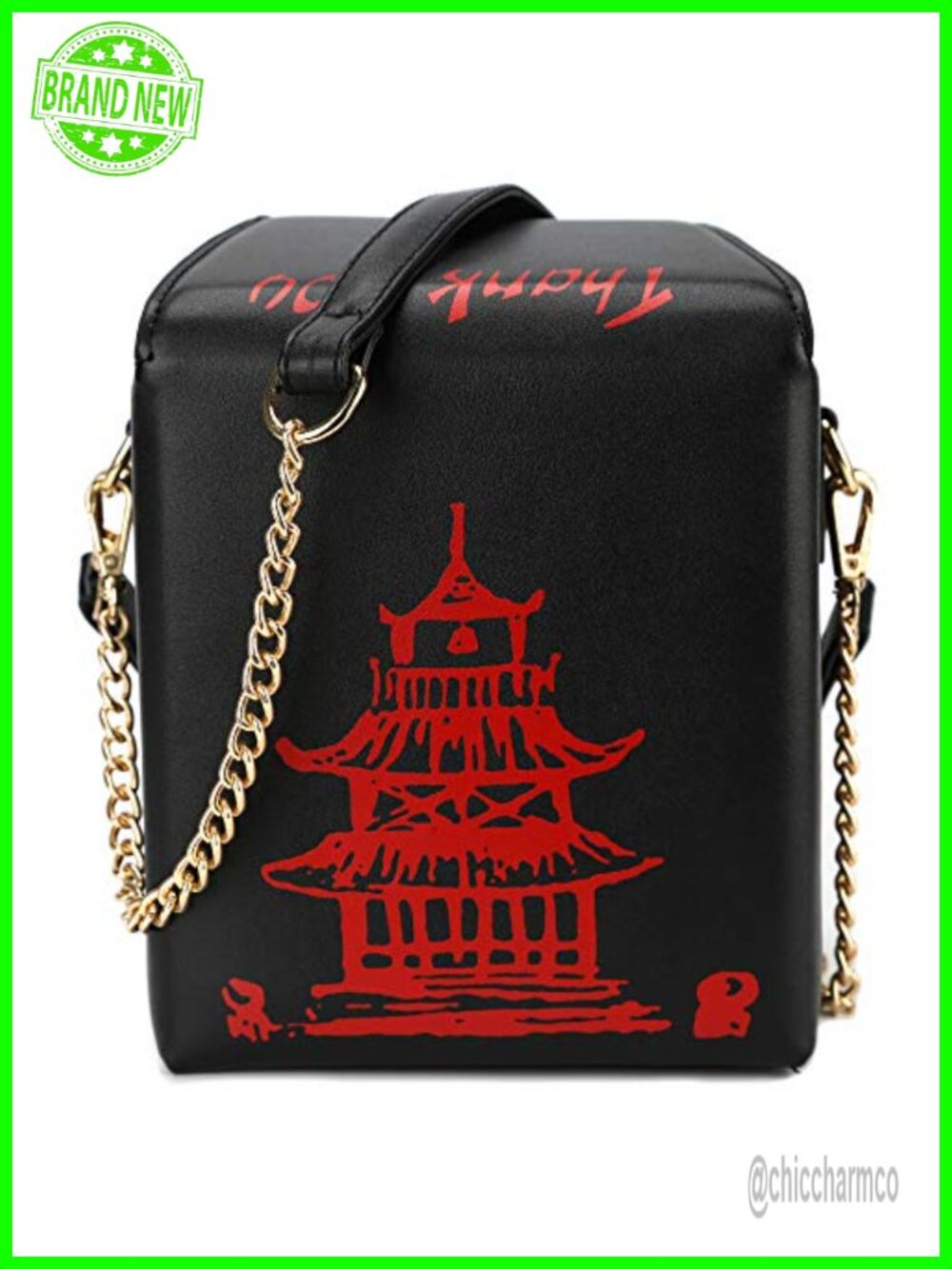 PU Chinese Takeout Box Crossbody Shoulder Bag Tower Print Tote Purse